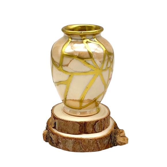 Kintsugi Vase Mini Lusterware Floral Bird Gold Crack Occupied Japan Growth Gift - Picture 9 of 14